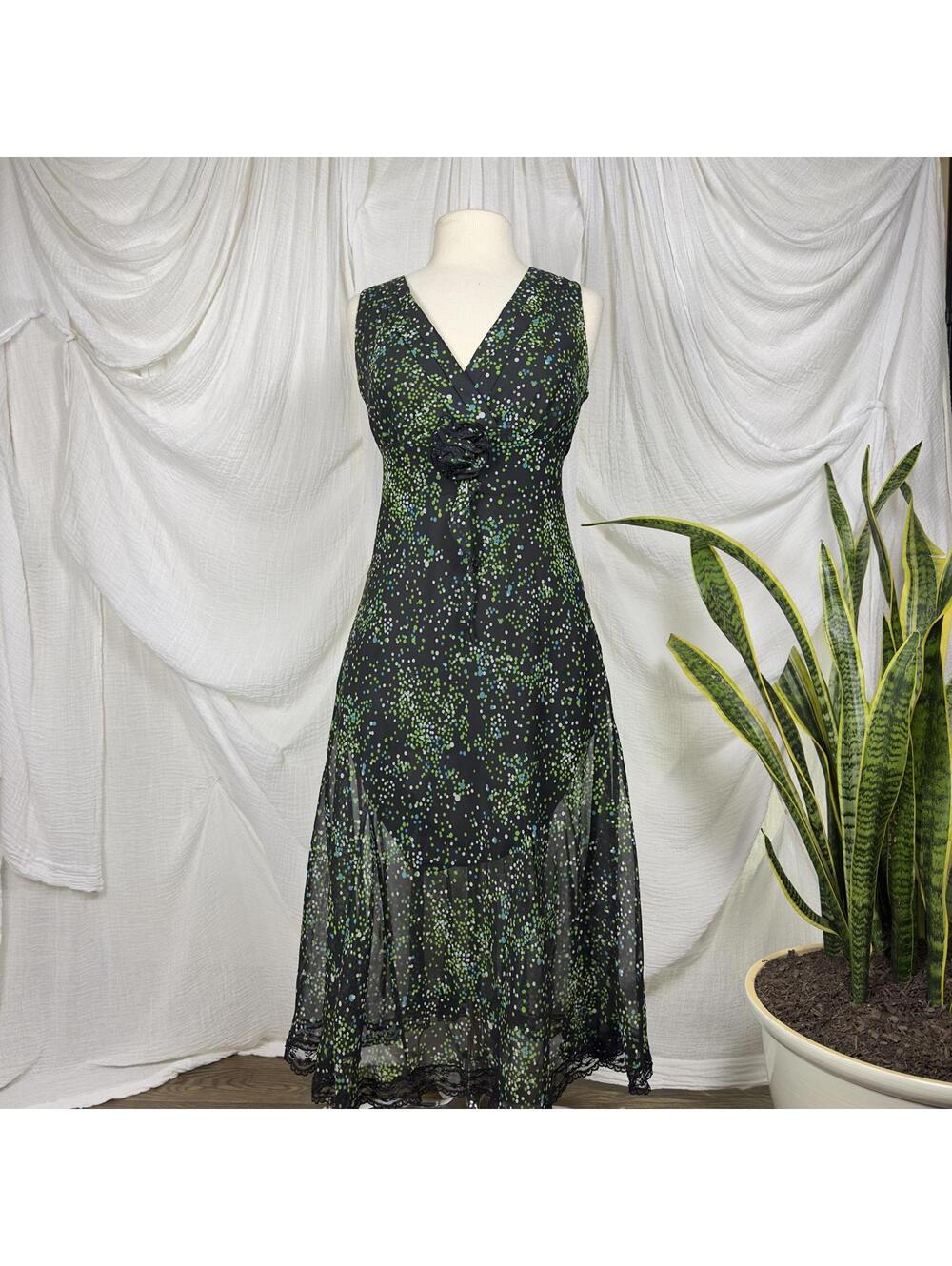 Vintage Cato Whimsygoth Preppy Indie Black Sheer Green Polka Dot Dress Size 10